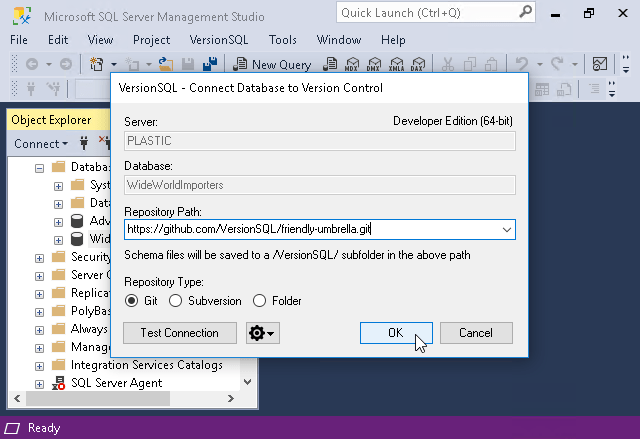 VersionSQL Connect Database to Version Control dialog